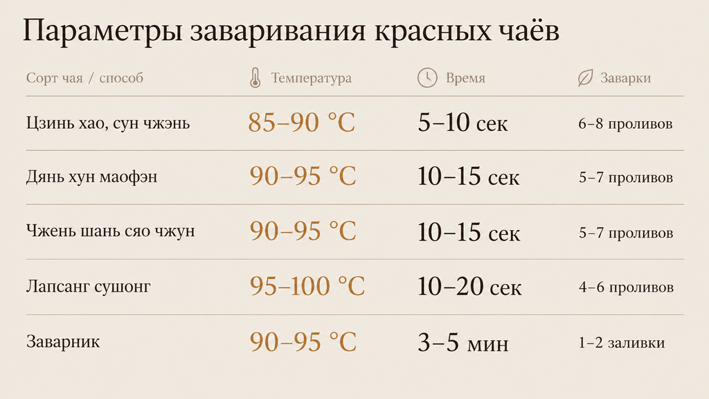 Сводная карточка параметров заваривания красных чаёв: температура, время настаивания и число заварок для основных сортов на тёплом фарфоровом фоне с янтарными акцентами