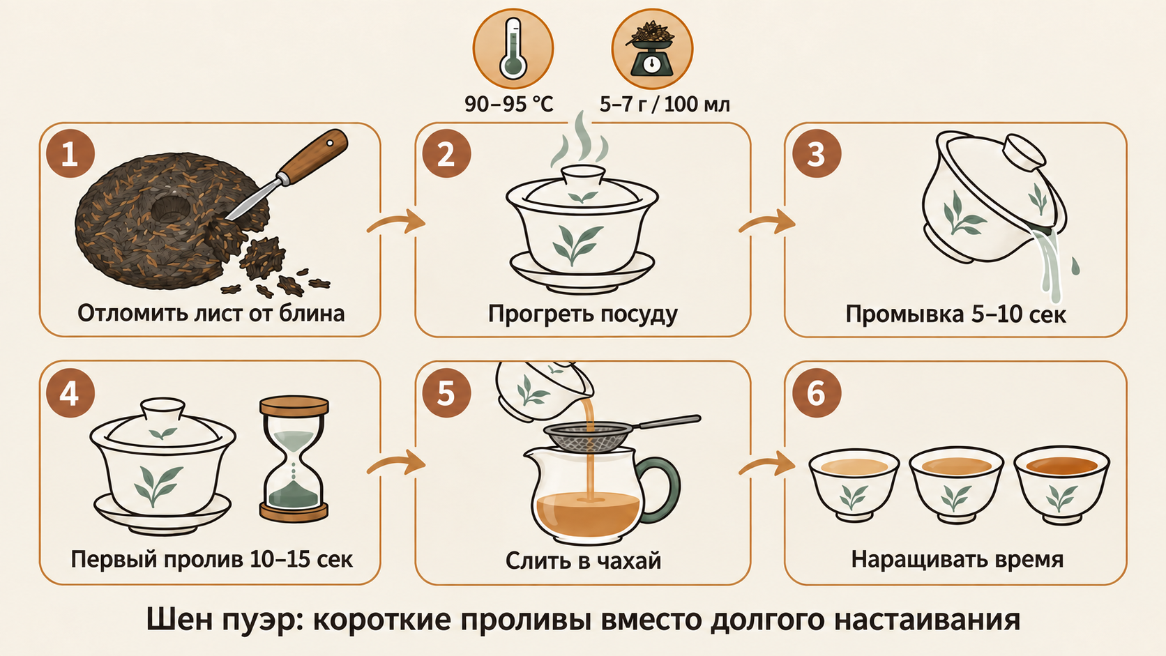 Пошаговая схема заваривания шен пуэра проливами: подготовка листа, время настаивания, температура воды и пропорции для янтарного настоя