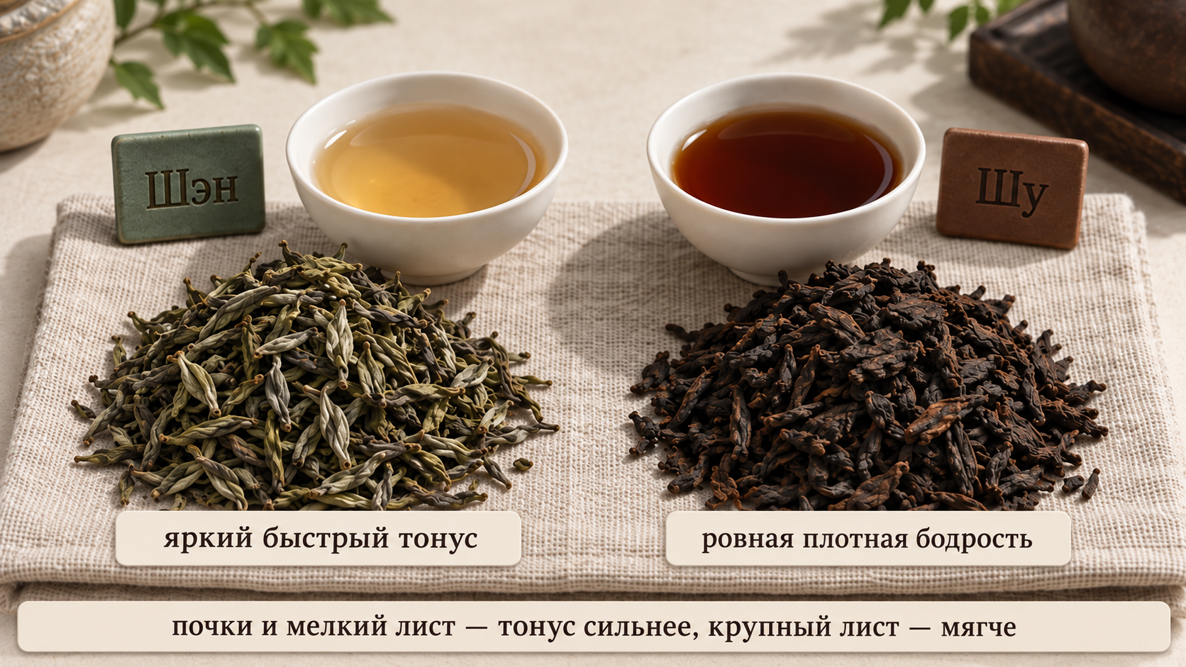 Шэн и шу пуэр: визуальное сравнение двух типов чая, их настоев и характера бодрости для помощи в выборе
