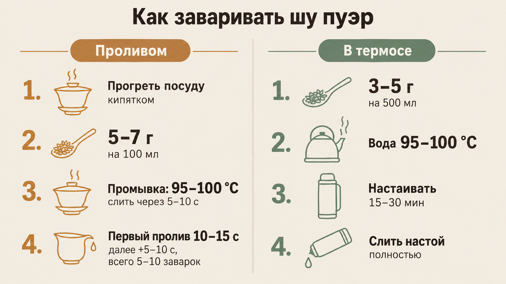 Инфографика со схемой заваривания шу пуэра проливом и в термосе, пошаговые этапы с иконками, дозировка, температура воды и время заварки