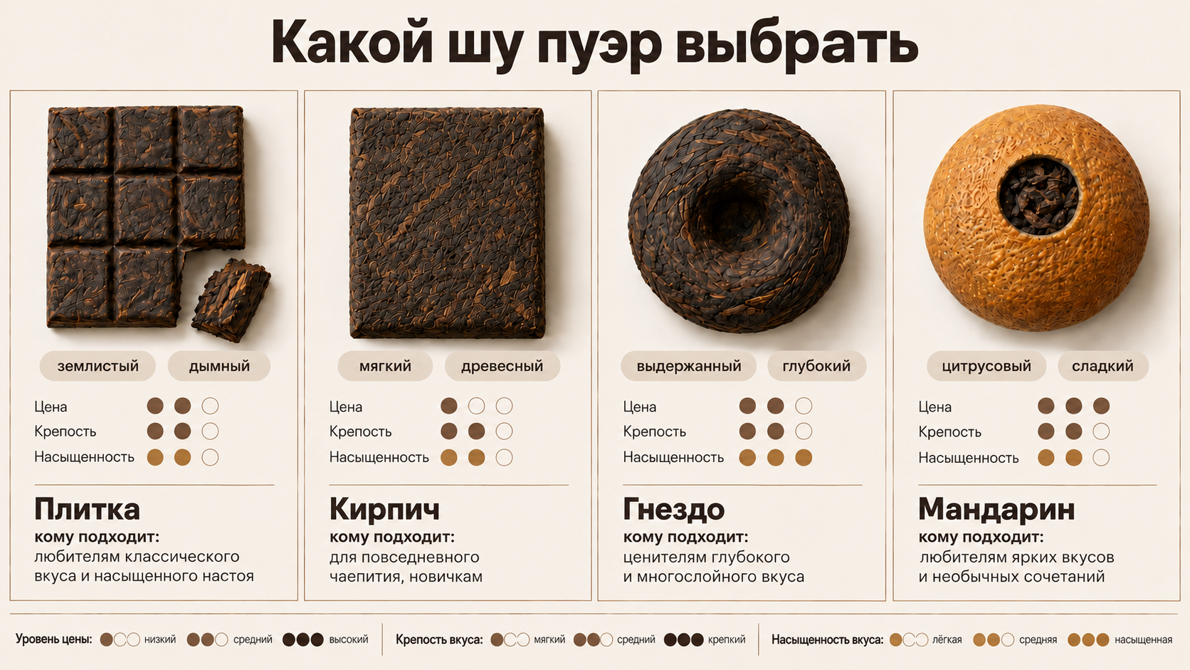 Сравнительные карточки форматов шу пуэра: белый лотос, классический кирпич, мини-точа и пуэр в мандарине для быстрого выбора под сценарий чаепития