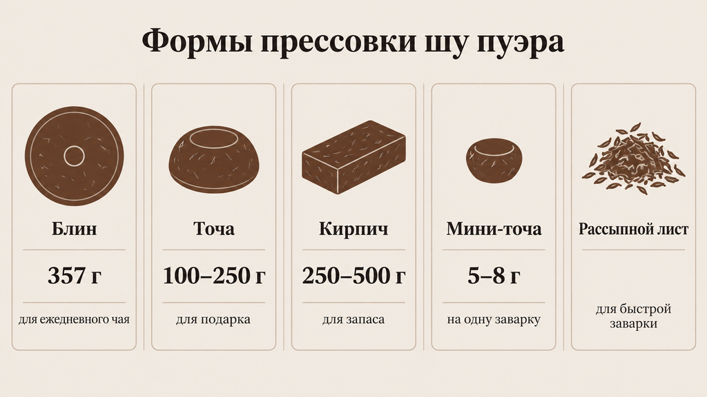 Схема форм прессовки шу пуэра: модульная сетка из пяти карточек с силуэтами, указанием веса и рекомендациями по выбору чая