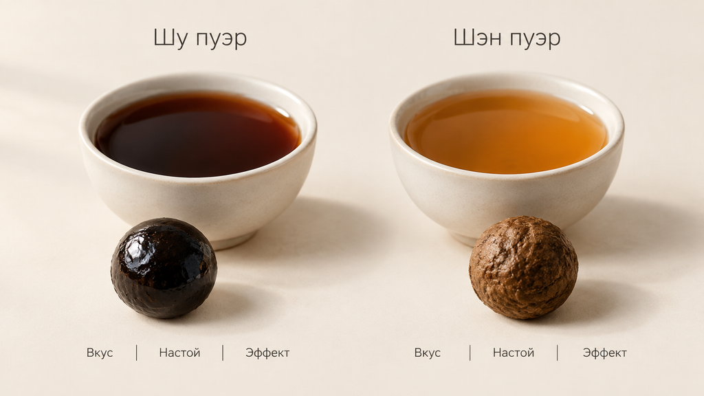 Сравнение смолы шу и шэн пуэра: макро гранулы и цвет настоя в пиалах. Слева тёмно-рубиновый настой и чёрная гранула шу, справа янтарный настой и карамельная гранула шэн.