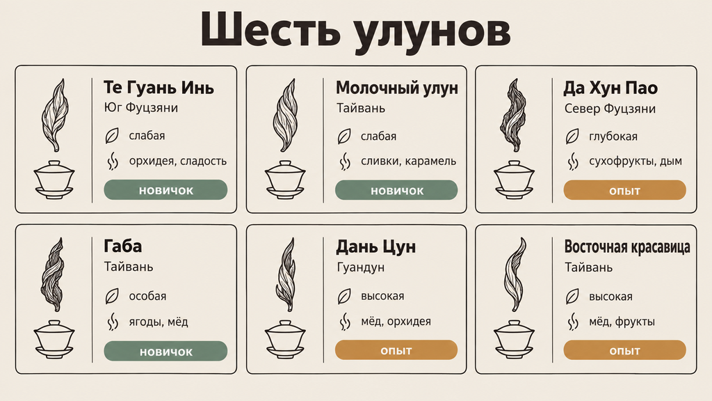 Карточки шести популярных улунов: Те Гуань Инь, молочный, Да Хун Пао, габа, Дань Цун, Восточная красавица для выбора чая