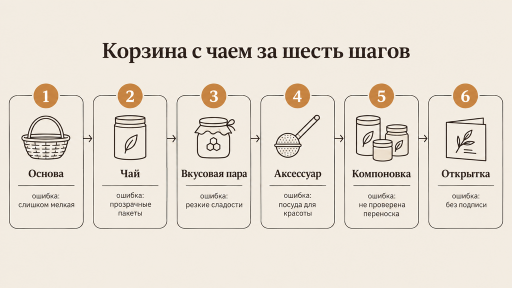 Пошаговая схема сборки чайной корзины в шесть этапов: от основы до открытки с инструкцией заваривания