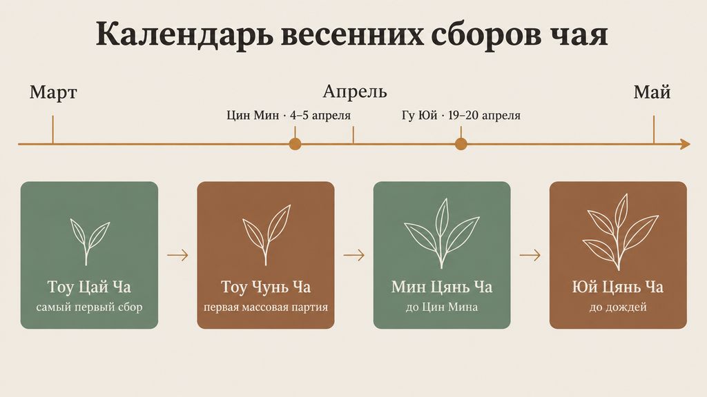 Календарь весенних сборов чая на временной шкале март-май: Тоу Цай Ча, Тоу Чунь Ча, Мин Цянь Ча и Юй Цянь Ча с датами Цин Мин и Гу Юй