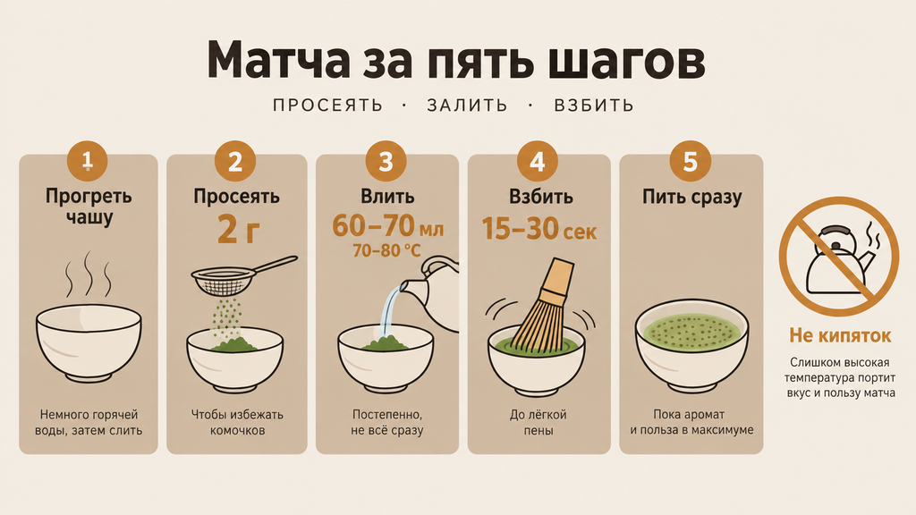 Пошаговая инфографика заваривания матча: пять этапов приготовления с температурой 80 градусов, пропорциями 2 грамма порошка на 70 миллилитров воды и техникой взбивания