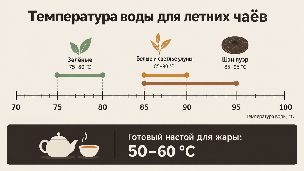 Горизонтальная шкала температуры воды для заваривания летних чаёв от 70 до 100 °C с указанием диапазонов для зелёных, белых улунов, шэн пуэра и готового настоя для жары. Минималистичный справочник с иконками чайника и пиалы.