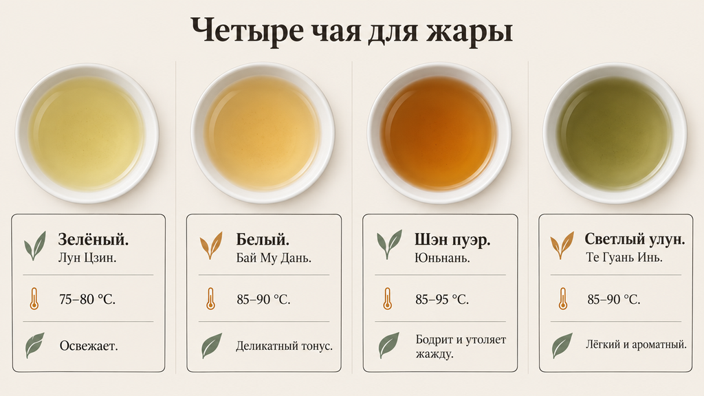 Сравнение четырёх летних категорий чая в пиалах: зелёный, белый, шэн пуэр и светлый улун с рекомендациями по завариванию