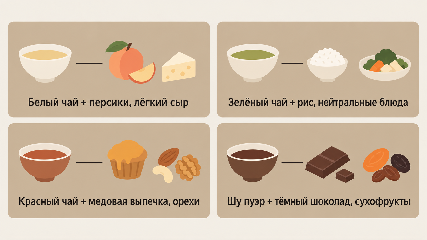 Инфографическая карточка фудпейринга чая и еды: четыре пары в модульной сетке (белый чай с персиками, зелёный с рисом, чёрный с медовой выпечкой, шу пуэр с тёмным шоколадом). Пиктограммы чашек и продуктов на светлом фоне в палитре бамбукового бежа и исинской глины.