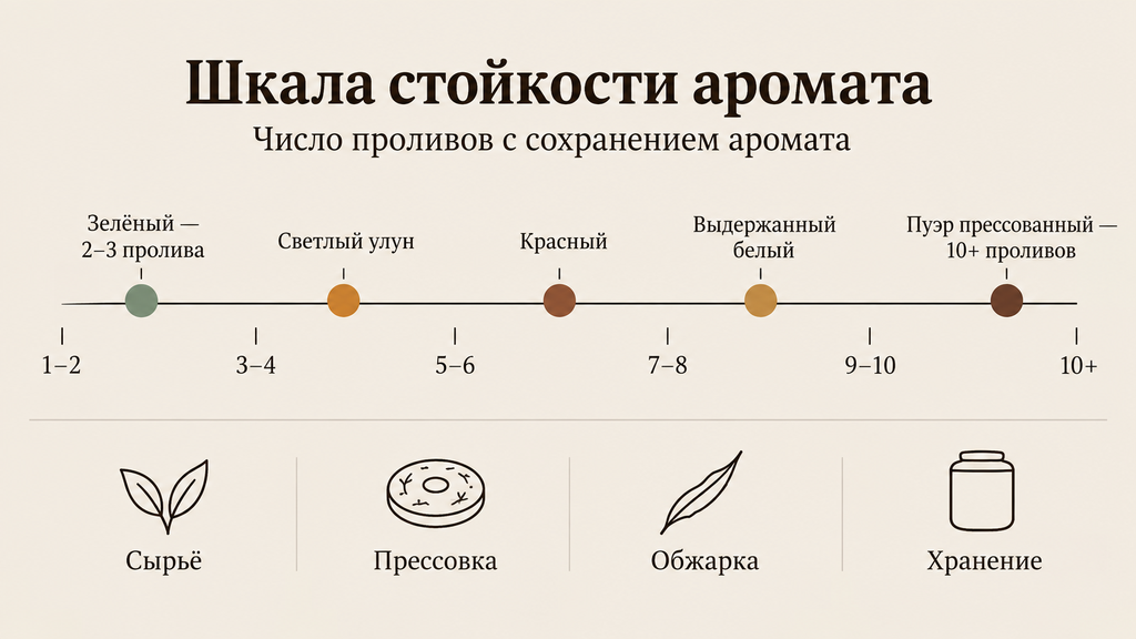 Горизонтальная шкала стойкости аромата чая по числу проливов от 1–2 до 10+ с примерами видов чая и факторами длительности вкуса