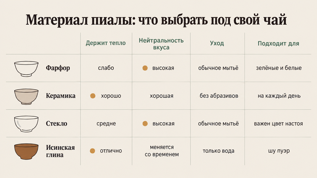 Сравнительная таблица материалов пиал: фарфор, глазурованная керамика, стекло, исинская глина