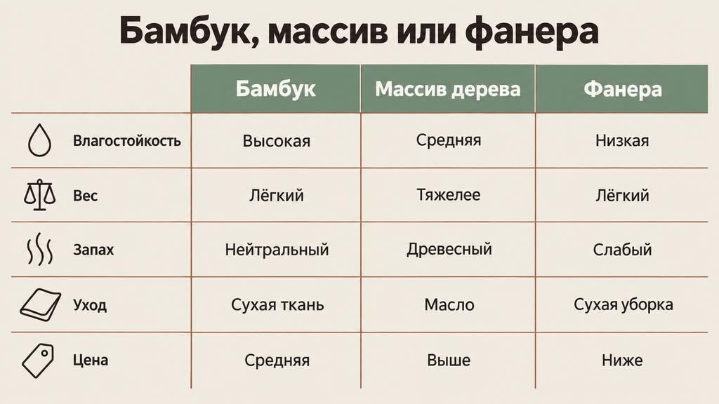 Таблица сравнения материалов для чайных коробок: бамбук, массив дерева, фанера по влагостойкости, весу, запаху, уходу и цене