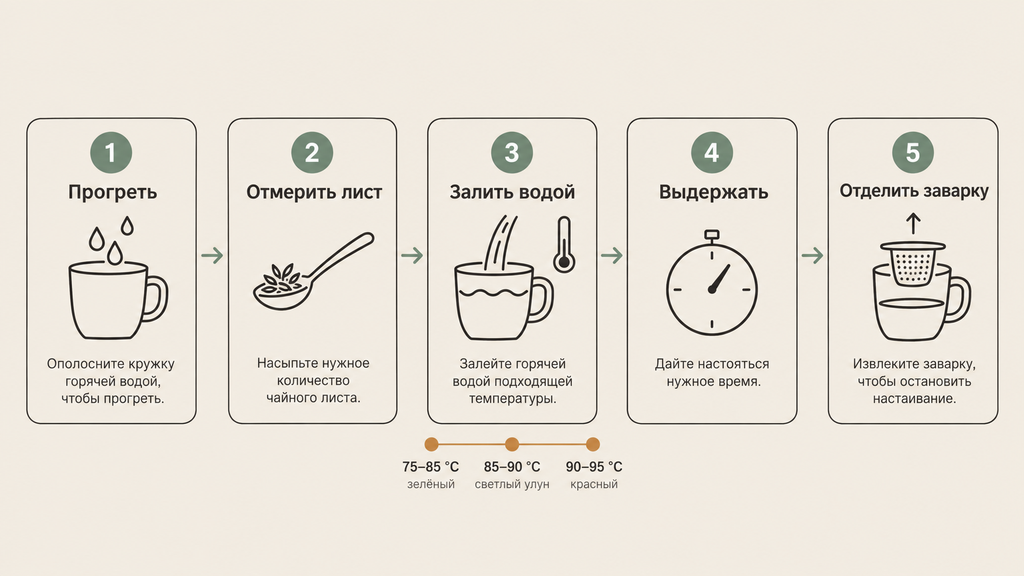 Инфографика: пошаговое заваривание чая в стеклянной кружке. Пять этапов от прогрева посуды до отделения заварки. Температурная шпаргалка для зелёного, улунового и красного чая.
