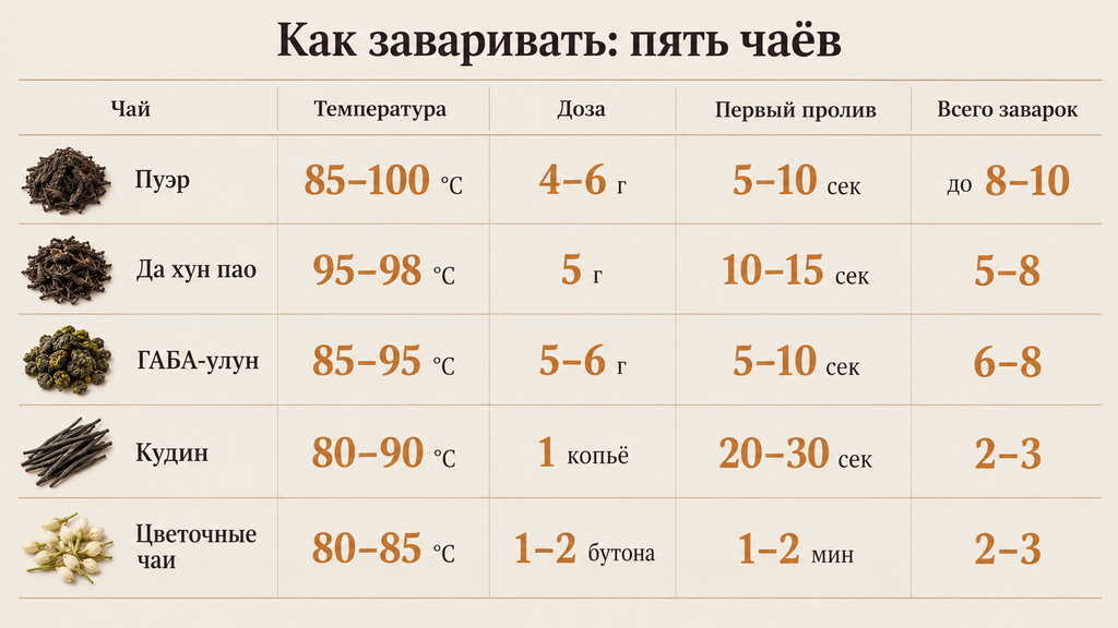 Шпаргалка по завариванию чая: температура воды, доза, время первого пролива и число заварок для пуэра, да хун пао, ГАБА, кудина и цветочных чаёв