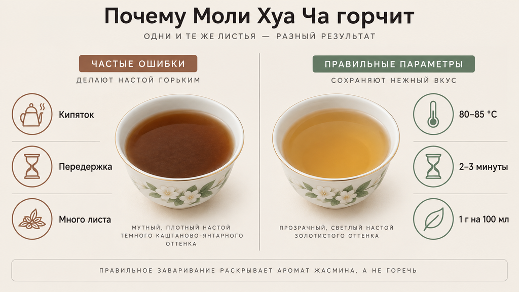 Два варианта заваривания Моли Хуа Ча: слева тёмный настой с маркерами ошибок, справа прозрачный золотистый напиток с правильными параметрами температуры, времени и дозировки