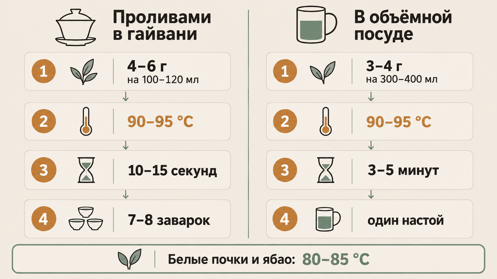 Схема заваривания чая в гайвани и кружке: параметры температуры, времени и веса для двух методов приготовления