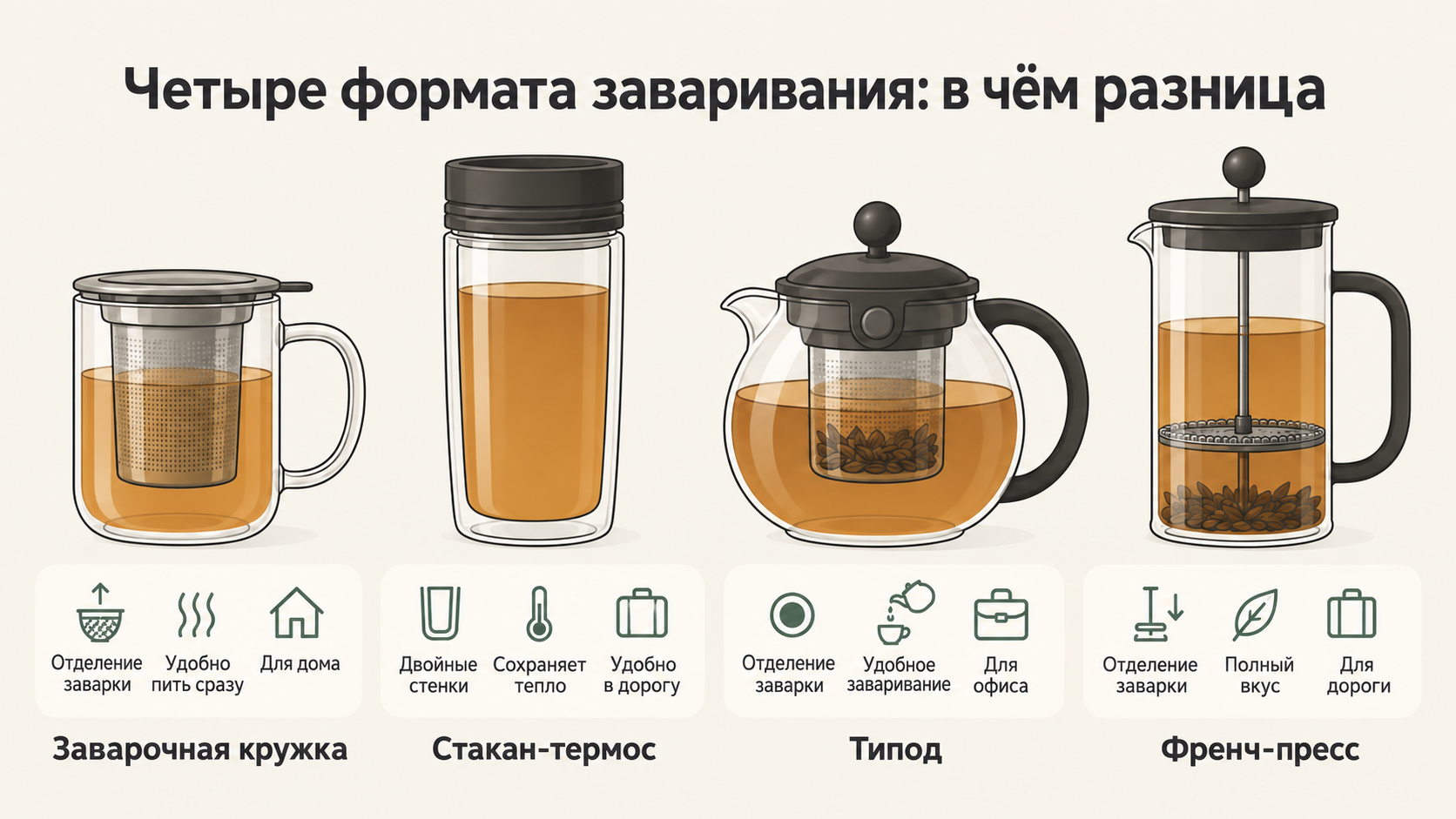 Сравнение способов заваривания чая: заварочная кружка, стеклянный термос, типод и френч-пресс. Выбор посуды для дома, офиса и дороги.