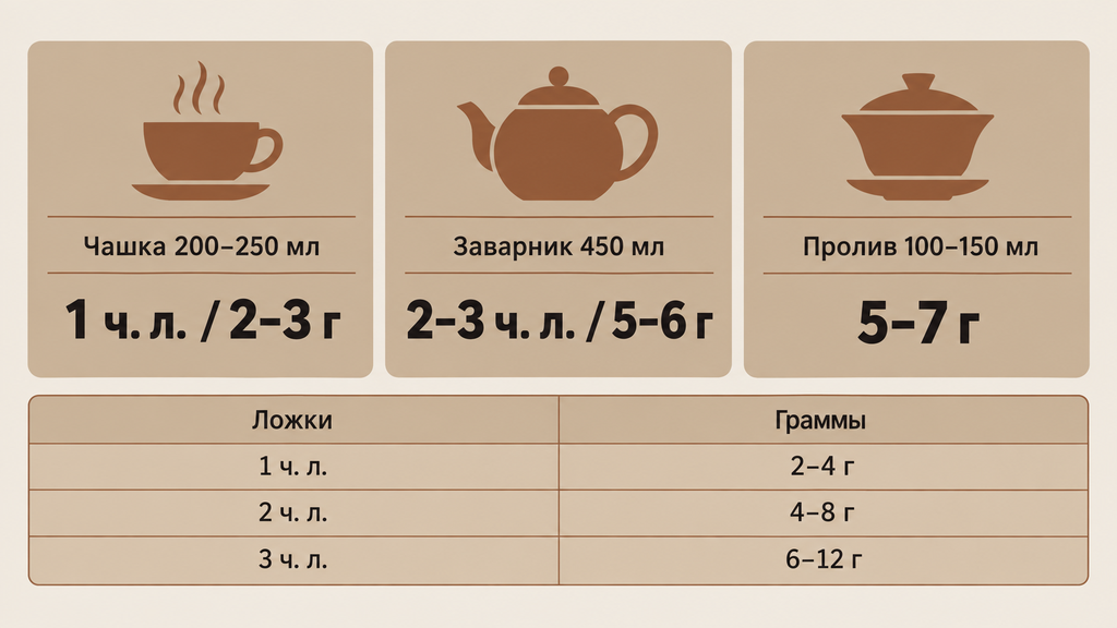 Три карточки с базовыми пропорциями заваривания чая для чашки, заварника и пролива, а также компактная таблица перевода чайных ложек в граммы