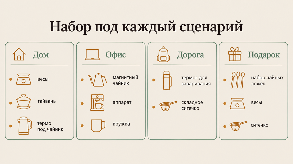 Инфографика с четырьмя карточками рекомендованных наборов чайных аксессуаров по сценариям: дом, офис, дорога и подарок. Линейные иконки на тёплом фоне с зелёными и янтарными акцентами.