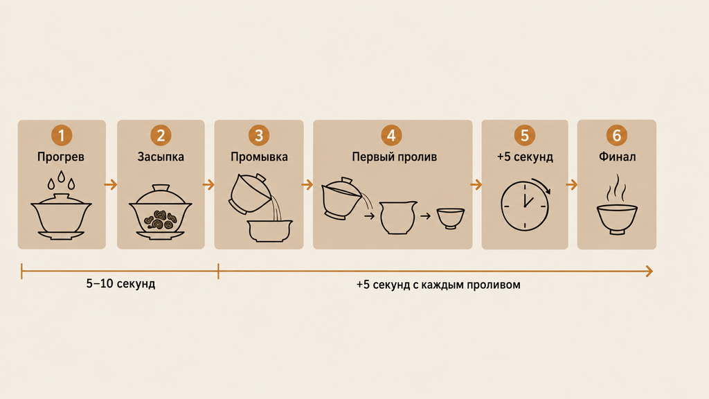 Схема заваривания проливом: шесть этапов от прогрева посуды до финального пролива с растущим временем настаивания