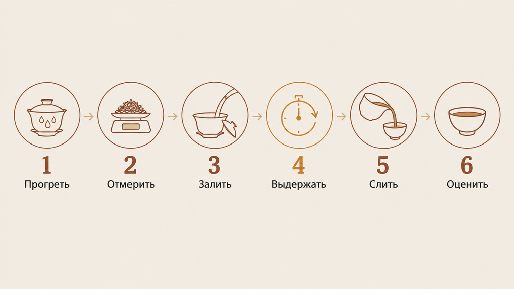 Пошаговая схема заваривания чая: шесть этапов от прогрева гайвани до разлива настоя по пиалам с иконками посуды и таймера