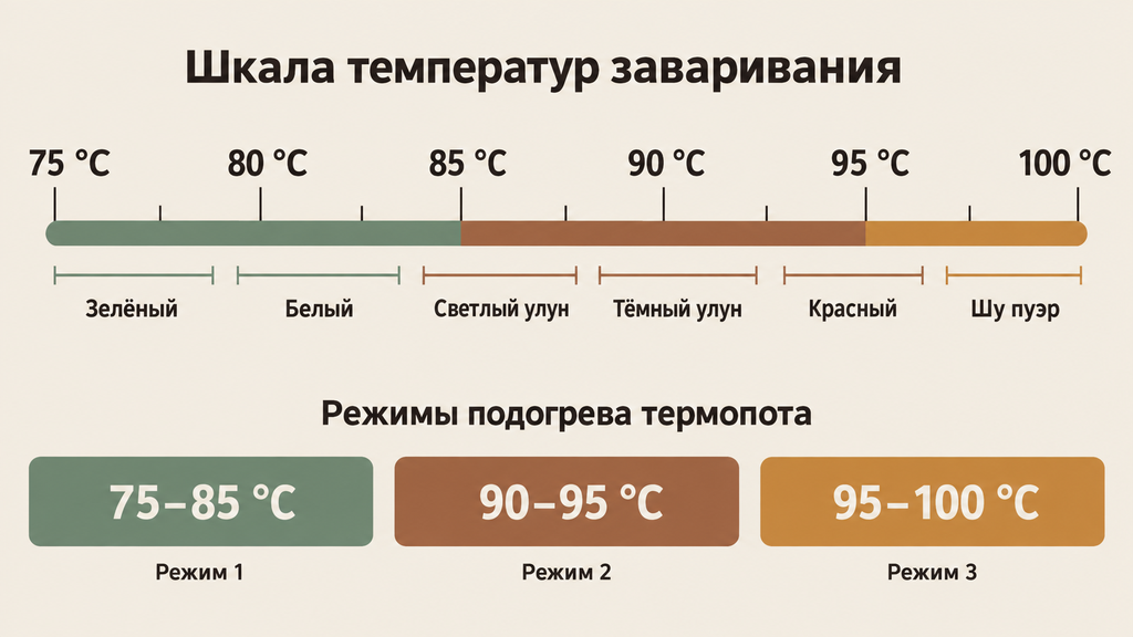 Шкала температур заваривания чая от 75 до 100 °C с указанием типов чая и режимов подогрева термопота