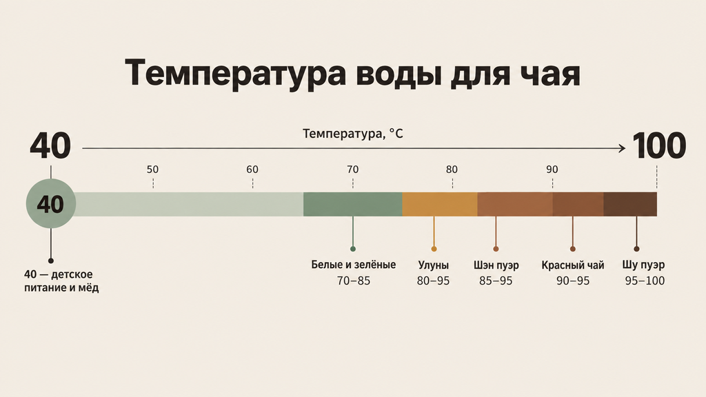 Шкала температур воды от 40 до 100°C с цветными зонами для заваривания белого, зелёного, улунского, пуэра и красного чая, а также выделенная отметка 40°C для детского питания и напитков с мёдом