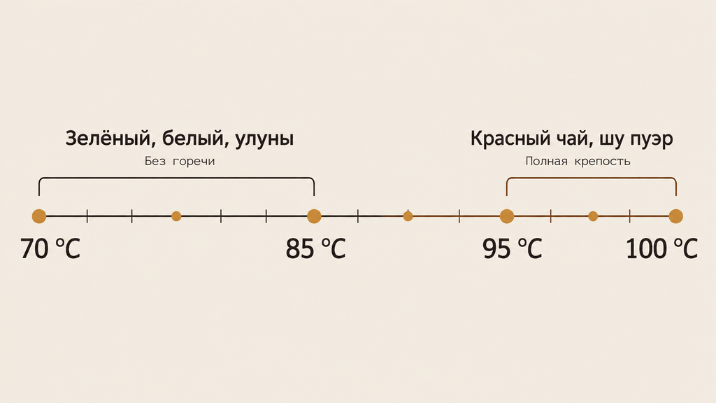 Шкала температур заваривания чая от 70 до 100 °C с рекомендациями для зелёного, белого, улунного, чёрного чая и шу пуэра