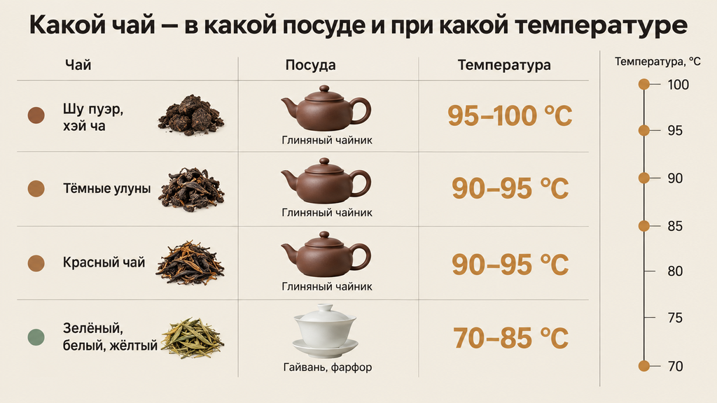 Таблица-матрица заваривания чая с указанием подходящей посуды (глина, гайвань, фарфор) и температурных режимов для шу пуэра, улунов, красного, зелёного и белого чая.