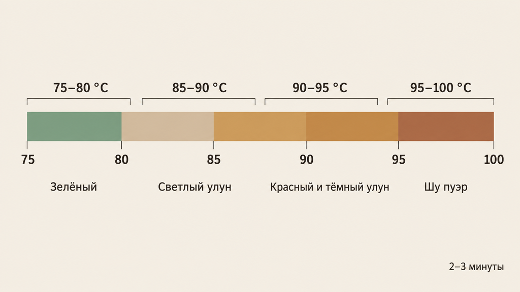 Наглядная шкала температуры воды от 75 до 100 °C и времени настаивания для заваривания зелёного, светлого улуна, красного и тёмного чая