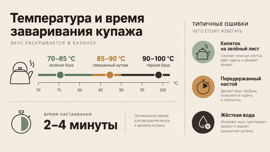 Схема заваривания чая: температурная шкала 70–100 °C для зелёной базы, купажа и чёрной базы с временем настаивания и типичными ошибками