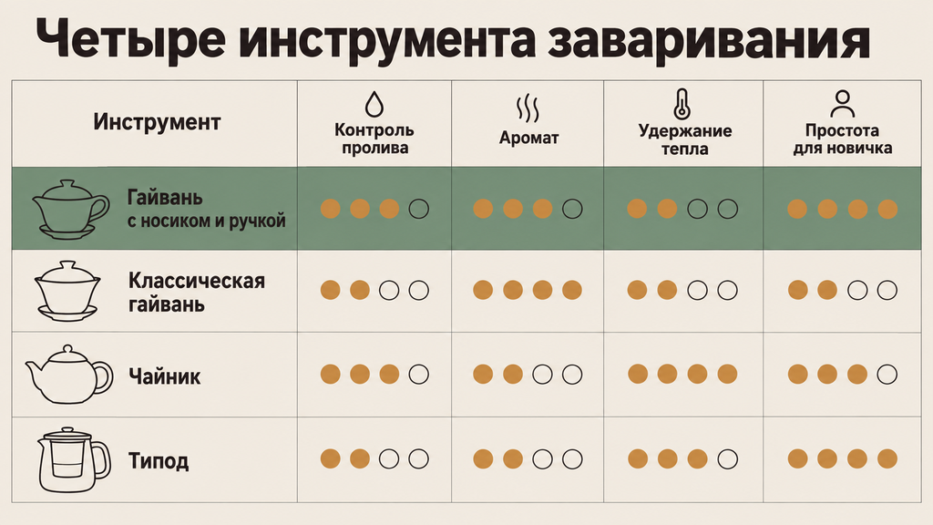 Сравнительная карточка четырёх инструментов для заваривания чая: гайвань с носиком, классическая гайвань, чайник и типиод по критериям контроля, аромата, удержания тепла и простоты