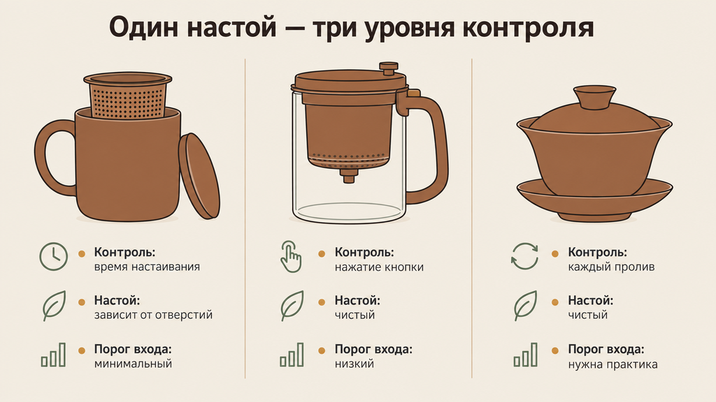 Сравнение трёх сосудов для заваривания чая: кружки с ситечком, чайника-типода с кнопкой и гайвани. Визуальный разбор уровней контроля крепости, чистоты настоя и простоты использования.