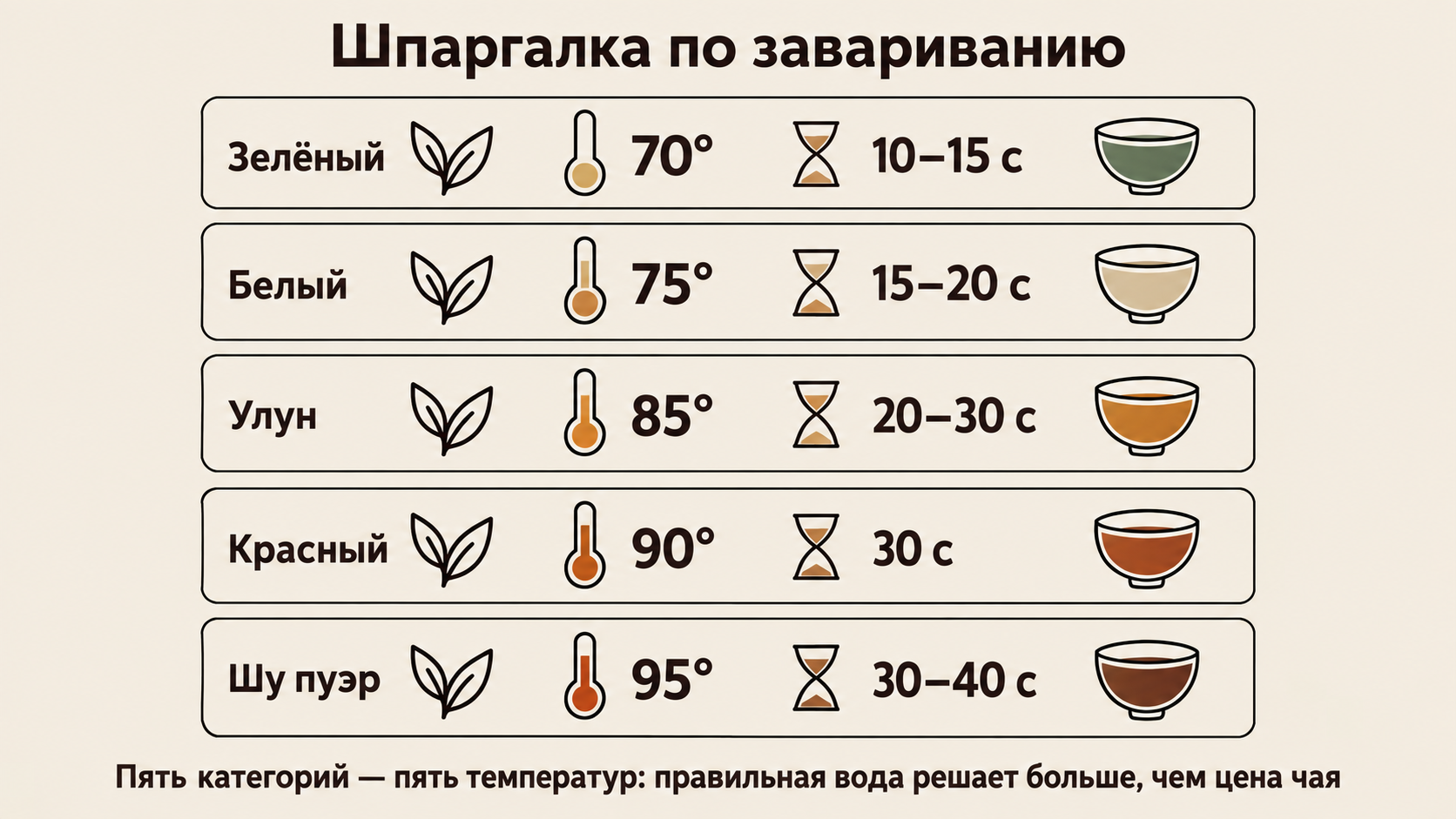 Шпаргалка с температурой воды и временем заваривания для пяти категорий чая: зелёного, белого, улуна, красного и шу пуэра