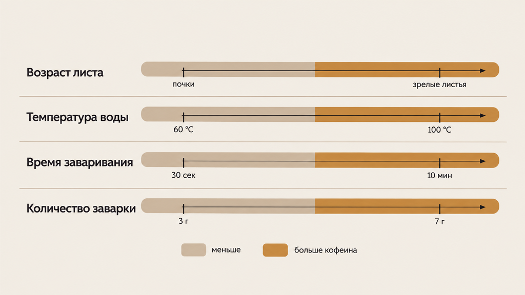 Схема Четыре рычага кофеина: шкалы возраста листа температуры воды времени заваривания и дозы со стрелками увеличения крепости чая