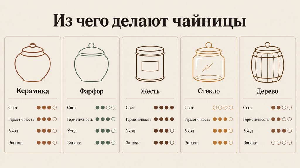 Сравнение материалов чайниц: керамика, фарфор, жесть, стекло и дерево по параметрам светозащиты, герметичности, ухода и запаха