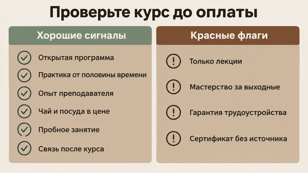 Чек-лист выбора курса чайной церемонии: шесть признаков надёжной школы и четыре красных флага для проверки перед оплатой
