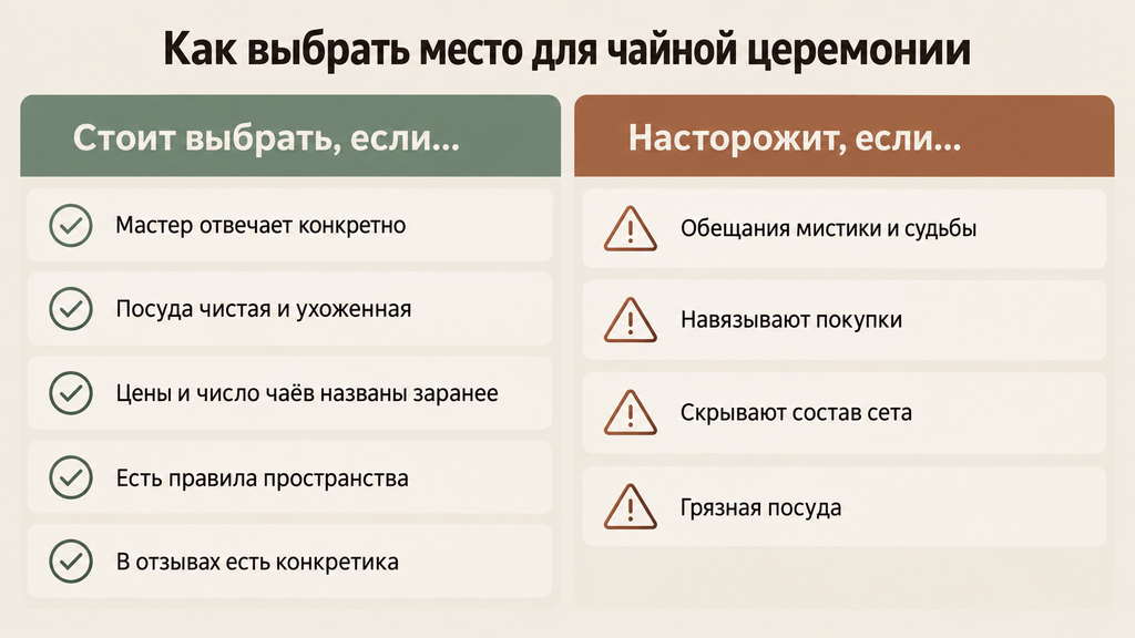 Чек-лист выбора места для чайной церемонии: 5 критериев качества и 4 красных флага