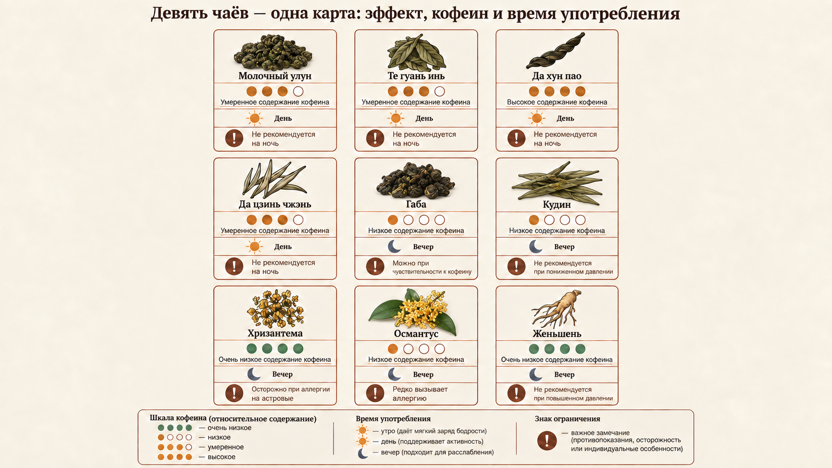 Сравнительная карта чайных карточек с эффектами, уровнем кофеина, временем употребления и ограничениями для каждого вида.