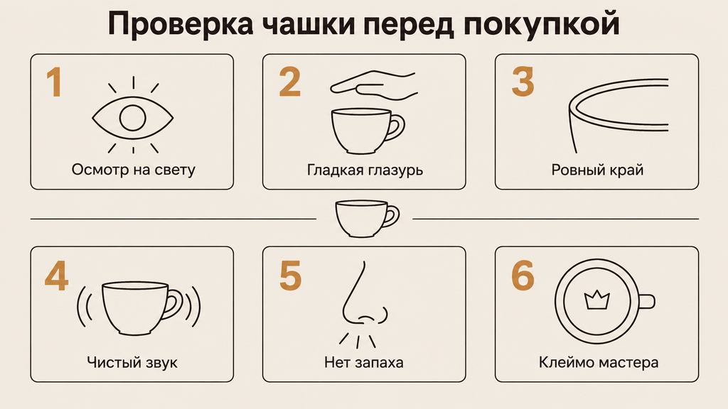 Пошаговая схема проверки чайной чашки перед покупкой с шестью контрольными точками