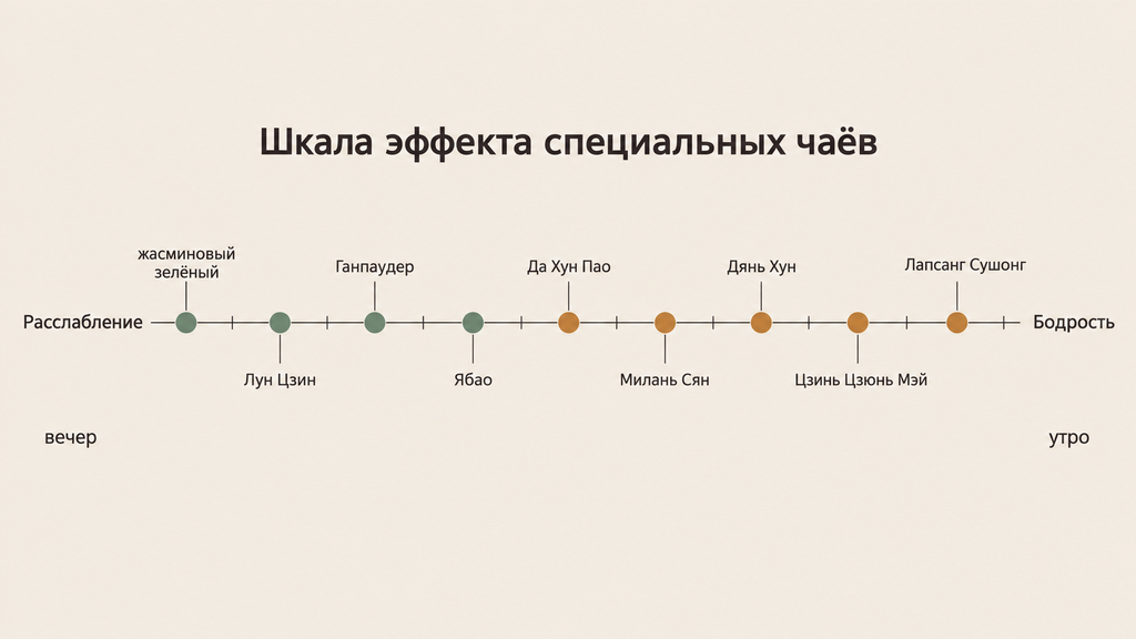 Шкала эффекта специальных чаёв: от расслабления к бодрости с расположением сортов и цветовой кодировкой по типам чая