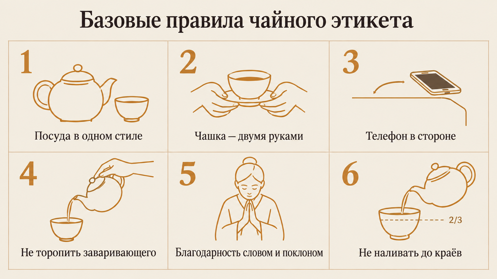 Шесть правил чайного этикета в виде линейных пиктограмм: подача и приём чашки двумя руками, отсутствие спешки, вежливая благодарность и правильный уровень заварки