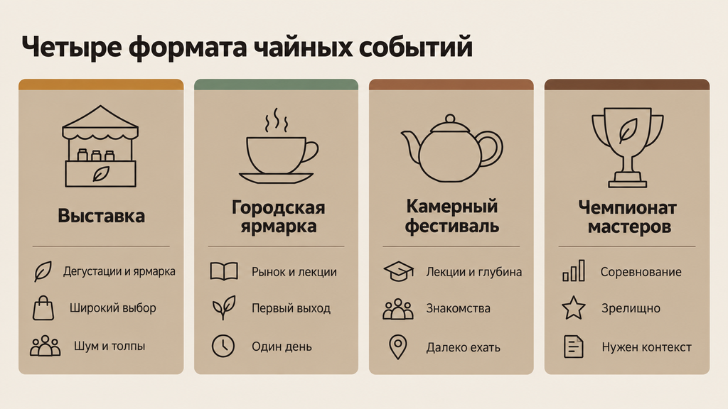 Сравнение четырех форматов чайных мероприятий: крупная выставка, городская ярмарка, камерный фестиваль и чемпионат мастеров