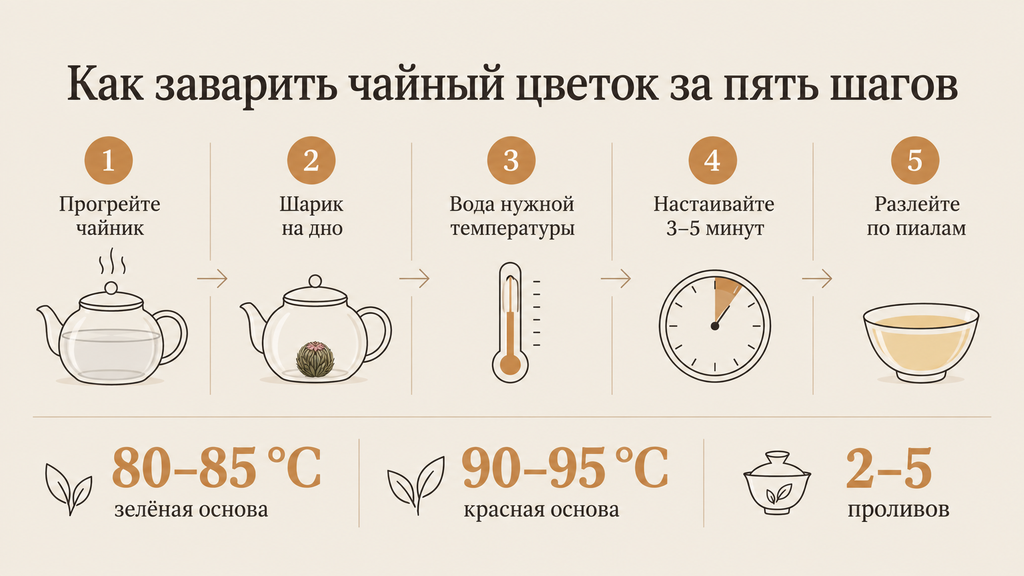 Пошаговая схема заваривания чайного цветка: пять этапов с температурой и временем