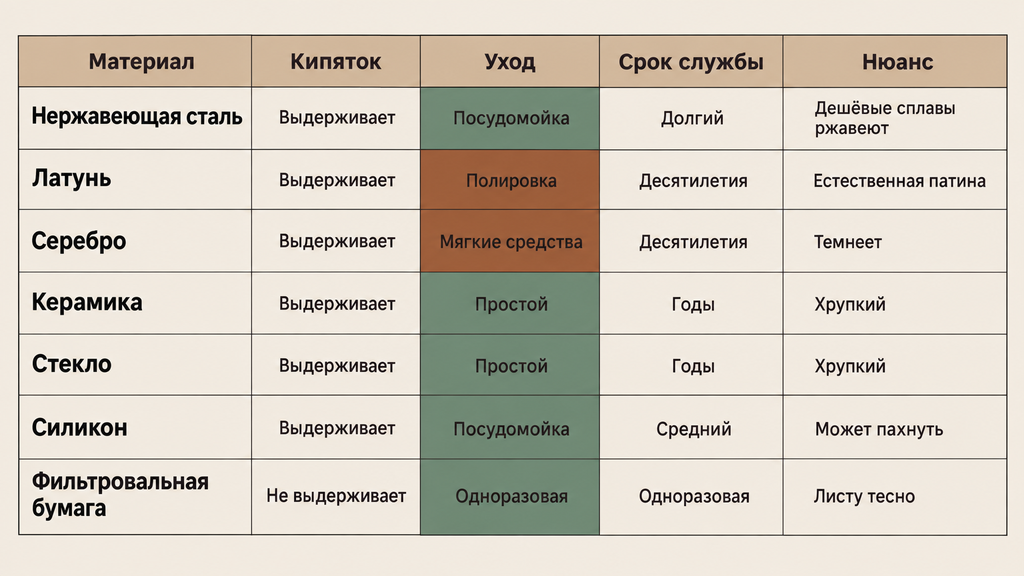 Таблица сравнения материалов для чайных ситечек: нержавейка, латунь, серебро, керамика, стекло, силикон, бумага. Критерии: кипяток, уход, срок службы, нюансы.