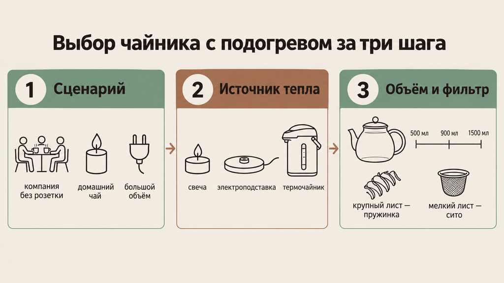 Схема выбора заварочного чайника с подогревом в три шага: сценарий, источник тепла и объём
