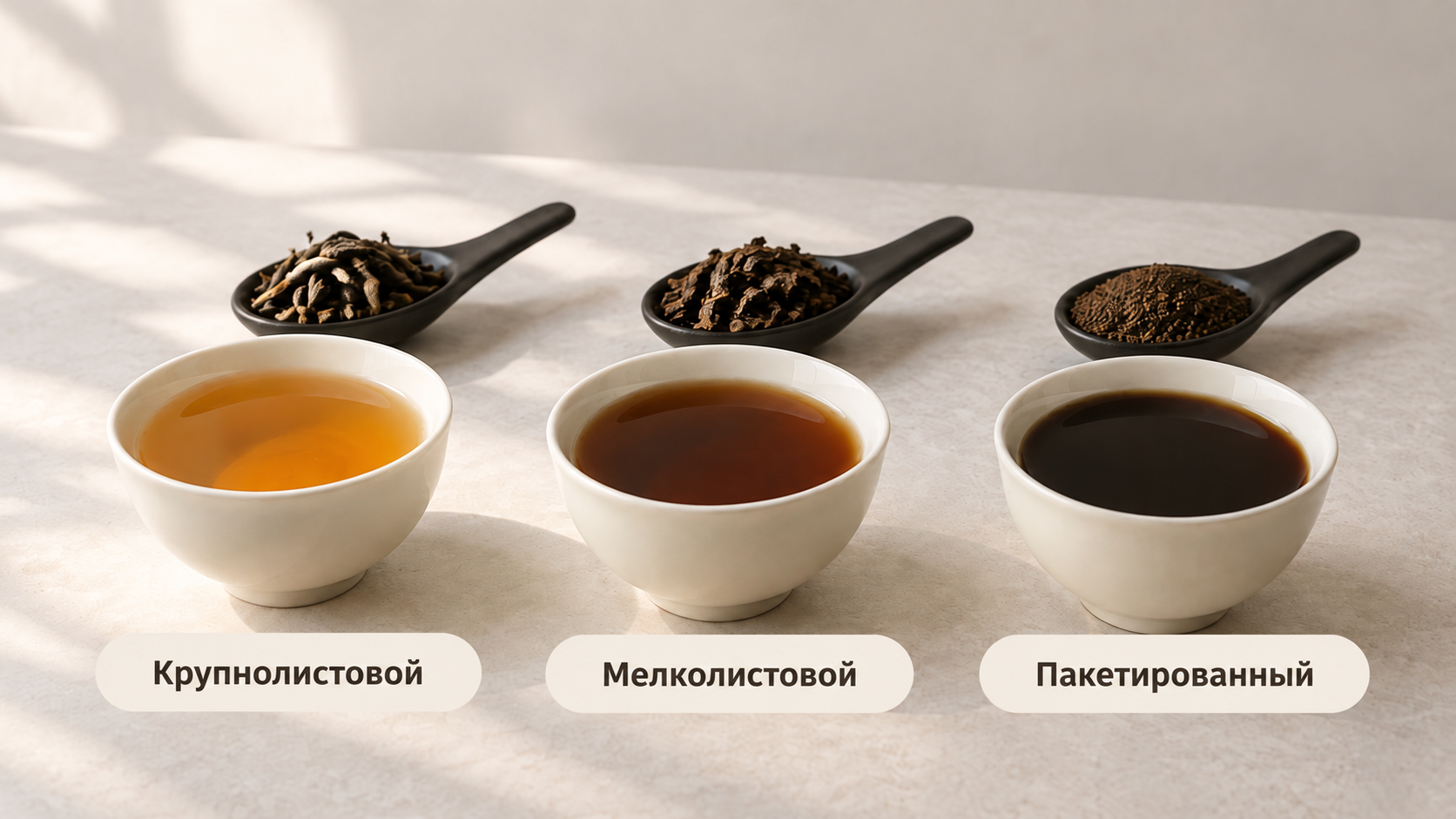 Визуальное сравнение трёх видов чая: крупнолистного, мелколистового и пакетированного. Рядом с одинаковыми чашками настоев разного цвета и прозрачности расположены образцы сухого сырья на ложках, наглядно показывающие влияние класса листа на результат заваривания.