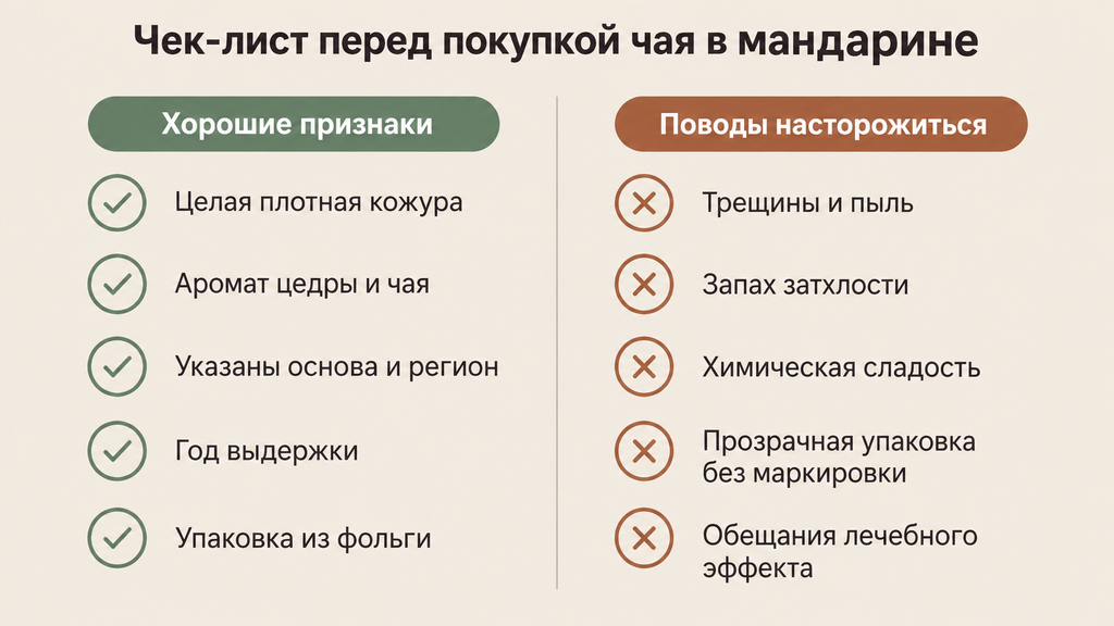 Чек-лист выбора качественного чая в мандарине: сравнение хороших признаков покупки и поводов насторожиться, включая оценку кожуры, аромата и упаковки.