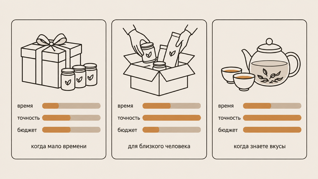 Инфографика: сравнение трёх способов подарить чай на Новый год — готовый набор, самосбор и комплект с посудой. Оценка по времени, бюджету и точности выбора.
